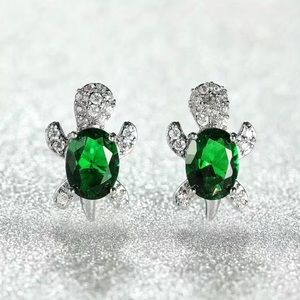 Lovely Turtle Stud Earrings in Green Cute Zircon